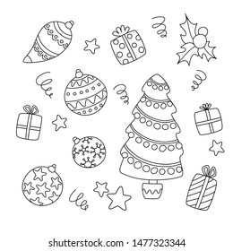 Coloring Page Children. Cute New Year decorations, gifts, Christmas tree in cartoon style. Vector illustration, black white outline. Winters coloring book for kids.