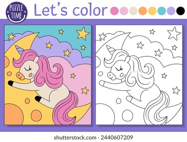 Página para colorear para niños con lindo unicornio durmiendo en la luna. Ilustración de contorno de cuento de hadas. Libro de colores de fantasía para niños con ejemplo de color. Hoja de trabajo imprimible de dibujo de mundo mágico
