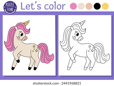 Coloring page for children with cute unicorn princess. Vector fairytale outline illustration. Fantasy color book for kids with colored example. Magic world drawing skills printable worksheet
