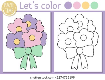 Coloring page for children with cute wedding or spring bouquet. Vector marriage ceremony color book for kids with flower arrangement and colored example. Drawing skills printable worksheet
