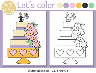 Coloring page for children with cute wedding cake decorated with flowers, bride and groom. Vector marriage ceremony color book for kids with colored example. Drawing skills printable worksheet
