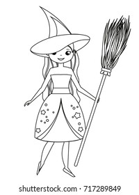 Coloring page for children. Cute witch holding broom. Girl in Halloween costume. Drawing kids activity. Printable fun