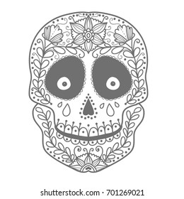 Coloring page for children. Day of The Dead colorful sugar skull with doodle ornament and flower seamless pattern. 