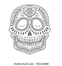 Coloring page for children. Day of The Dead colorful sugar skull with doodle ornament and flower seamless pattern. 