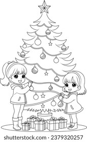 Coloring page children decorating a Christmas tree with ornaments