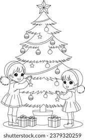 Coloring page children decorating a Christmas tree with ornaments
