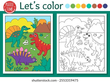 Dibujo para colorear para niños con dinosaurios. Ilustración de contorno de Vector con paisaje prehistórico. Libro de color para niños con ejemplo de color. Hoja de trabajo imprimible de habilidades de dibujo con t-rex, stegosaurus