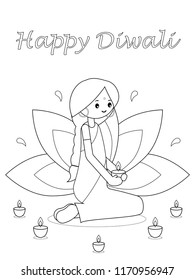 Coloring page for children. Diwali festival of lights. Indian girl with candles. Greeting card. Vector illustration.