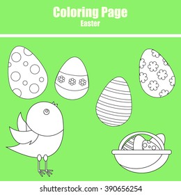Coloring page for children. Easter scene with chicken and eggs