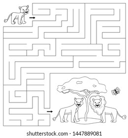 Coloring page for children. Educational maze game. Help the lion cub find right way to his family, mother and father. Vector cartoon characters.