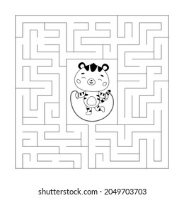 Coloring page for children. Educational maze game. Funny tiger skipping. Jumping rope. Activity worksheet with labyrinth. Cartoon kawaii character. Vector illustration.