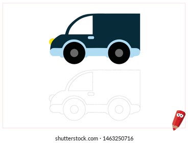 coloring page for children with examples. Educational game for children. blue cartoon car