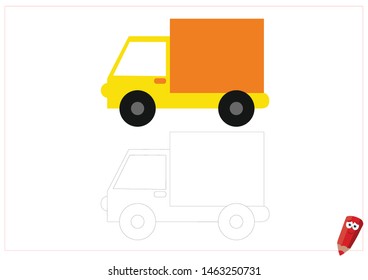 coloring page for children with examples. Educational game for children. yellow car