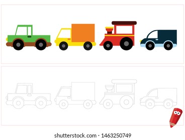 coloring page for children with examples. Educational game for children. colored cars