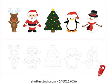 coloring page for children with examples. Educational game for children. christmas deer, santa claus, christmas tree, penguin, snowman