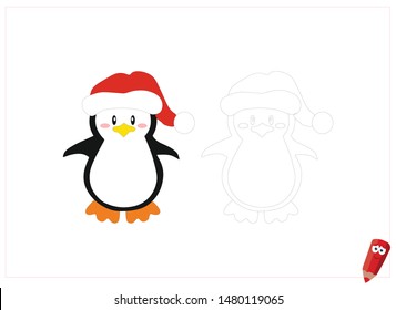 coloring page for children with examples. Educational game for children. Christmas penguin