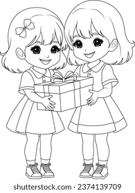 Coloring page children exchanging gifts with big smiles