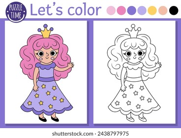 Coloring page for children with fairy girl, crown. Vector fairytale outline illustration. Fantasy color book for kids with colored example. Magic world drawing printable worksheet with cute princess