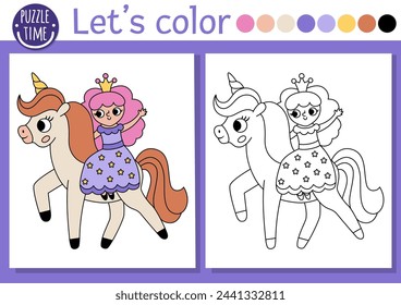 Coloring page for children with fairy princess riding unicorn. Vector fairytale outline illustration. Fantasy color book for kids with colored example. Magic world drawing skills printable worksheet
