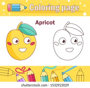 Coloring page for children. Fruit Vector. Cartoon. Isolated art on white background. Flat Apricot