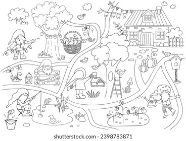 Coloring Page For Children With A Gnome City Where One Gnome Fishes, Another Waters Strawberries Making It A Perfect Vector Illustration For Children'S Creativity In A Coloring Book