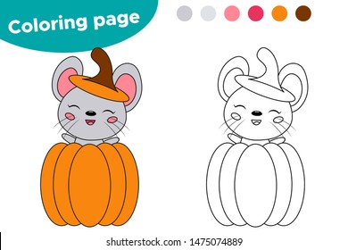Coloring page for children. Halloween party. Cute kawaii mouse in pumpkin. Cartoon vector character. Educational game.
