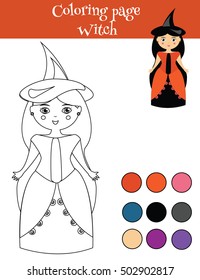 Coloring page for children with in halloween witch costume. Drawing activity, educational game printable worksheet for kids
