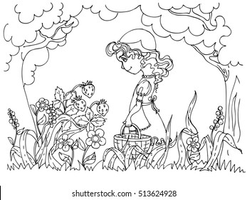 Coloring page for children. hand drawn ink Little Red Riding Hood.
