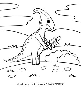 Coloring page for children. Kawaii cartoon Parasaurolophus. Vector dinosaur. Black and white illustration.