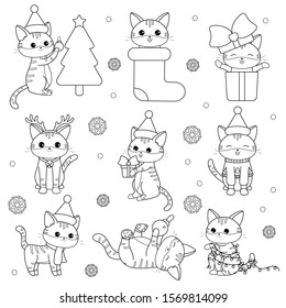 Coloring page for children kawaii cats. Funny kittens with gifts, Christmas tree and decorations. New Year symbol. Vector cartoon characters.