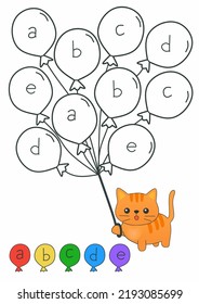 Coloring page for children at kindergarten or preschool. Kid activity color the balloons as instruction. Vector illustration of a cute cartoon ginger cat. Coloring book design. 