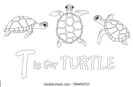 Coloring page for children learning letters exercise letter T with turtle illustration