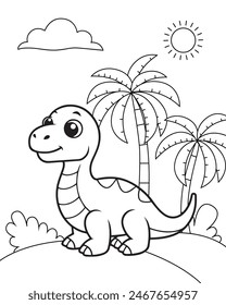 
Coloring page for children with a little cute dinosaur on a background with palm trees and the sun. Vector illustration.