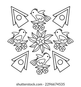 Coloring page for children, Mandala. Birds ,birdhouse and flowers. Vector illustration