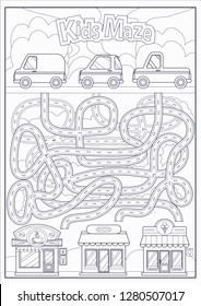 Coloring page. Children maze with cars and shops. Kids labyrinth game and activity page. Find the right path. Funny riddle. Education art worksheet. Vector illustration.