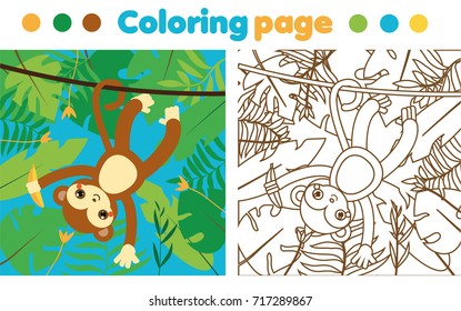 Coloring page for children. Monkey in jungle. Drawing kids activity. Printable worksheet for toddlers
