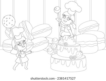 Coloring page. Children near huge cake sweets, macaroons and marshmallows, candy pop. Humorous illustration of children's love for sweets.