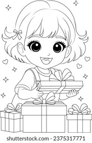 Coloring page children opening gifts with excitement.