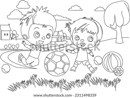 coloring page .Children are playing with balls in the village field 