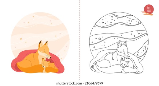 Coloring page for childrens and adults. Cute fox and her little fox are sleeping under a red blanket. Vector illustration in a flat style.
