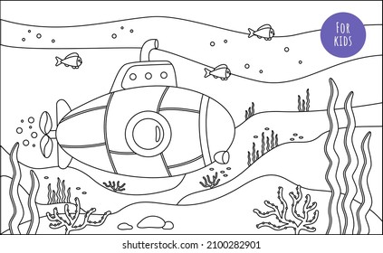 Coloring page for childrens and adults. A submarine with a periscope underwater. The seabed with fish, corals, seaweed. Ocean landscape. Cute vector illustration.