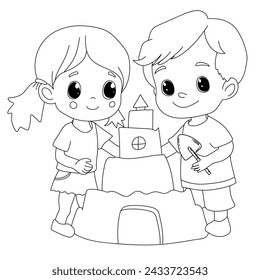 Página Para Colorear Para La Creatividad De Los Niños Presenta A Una Niña Y Un Niño Construyendo Un Castillo De Arena En Un Libro Para Colorear
