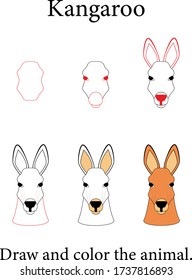 Coloring. Page of a children's educational book. Black and white cartoon Australian Kangaroo and color swatches.  Drawing step by step.