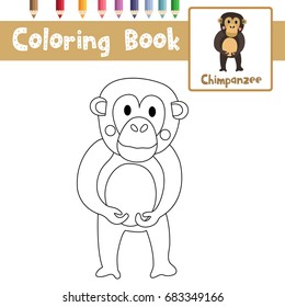 Coloring page of Chimpanzee animals for preschool kids activity educational worksheet. Vector Illustration.