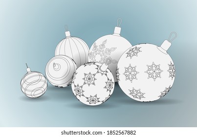 Coloring page with Christmas ball with snowflakes set. Xmas glass ball. Holiday decoration template. Greeting card with new year toys. Vector illustration