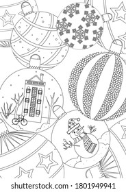 Coloring page with Christmas balls as a concept of new year, christmas, celebration. Colorless outline vector stock illustration with abstract snowman, star, house, snowflake. Christmas balls top view