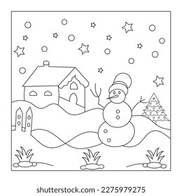 Coloring page Christmas card with snowman and house