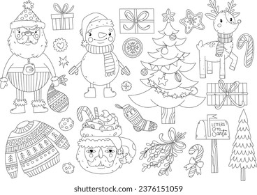 Coloring page Christmas clipart, Santa Claus, snowman, presents, deer, sweater, and socks. Christmas decoration elements and lettering set	