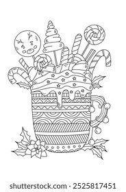 Coloring Page - Christmas Cocoa With Lots Of Decorations Is A Stress-Relief For Adults And Children