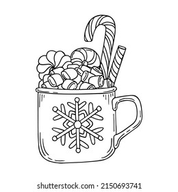 Coloring page Christmas cup of drink and sweets. Merry holiday. Hot chocolate with marshmallows. Hand drawn vector doodle illustration. Coloring book for children and adults. Black white line art.